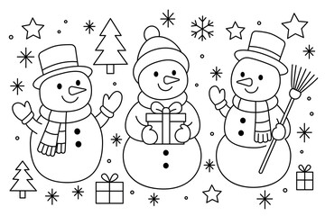 Hand-drawn Christmas coloring page with three cheerful snowmen, gifts, trees, stars snowflakes. Cute winter holiday vector flat illustration isolated on white background. Black and white