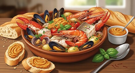 Delicious Seafood Stew with Prawns Mussels Clams and Crusty Bread.