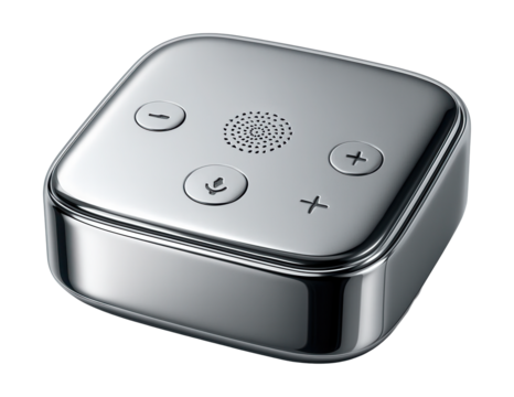 Sleek smart hub in silver, designed for voice control integration in small spaces.