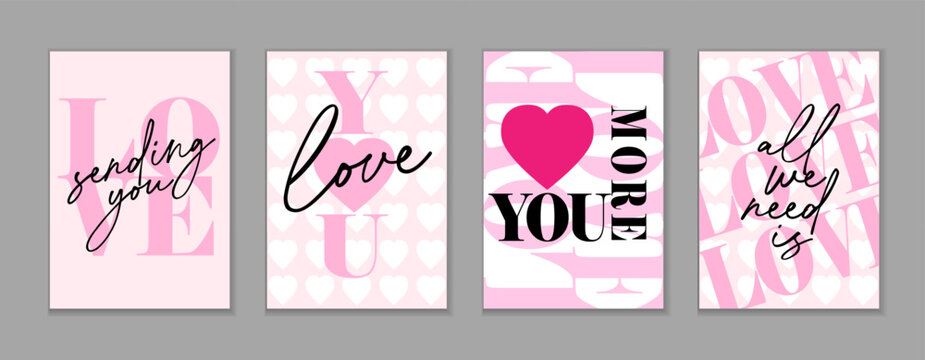 Sending you Love, Be my Valentine covers set with art typography. Love you, Love you more, I need you love - creative Valentine's Day banners. Vector illustration
