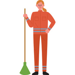 A Woman In An Orange Uniform Holds A Broom With A Green Bristle And Stands On A Transparent Background Ready For Cleaning