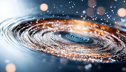 A swirling vortex of light and energy, resembling a galaxy or a digital data stream, with a glowing fingerprint symbol at its core. The background is dark and s