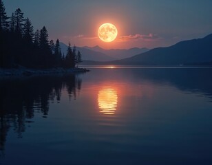 Fototapeta premium Full moon shines over calm lake water surface reflecting warm sky colors. Dark forest line meets water edge near distant mountains under twilight sky.