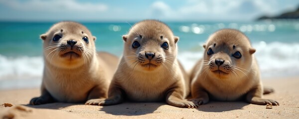Three seal pups rest on sandy beach, looking towards camera with ocean backdrop. Adorable marine mammals enjoy sunny day near blue water. Cute, innocent animals by the coast.