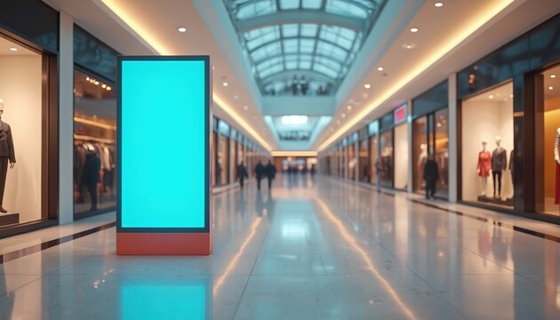 Blank digital signage stands in shopping mall corridor. Empty glowing blue screen mockup for advertising space. Blurred people walk by retail stores with fashion mannequins. Modern commercial