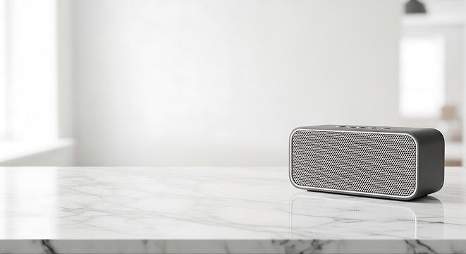 Compact portable bluetooth speaker on a white marble surface in a bright, minimalist room, offering wireless audio