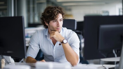 Obraz premium Contemplative young professional analyzing data at modern office focused workspace environment