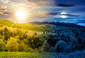 forest in mountain rural area. day and night time change concept. landscape with green agricultural...