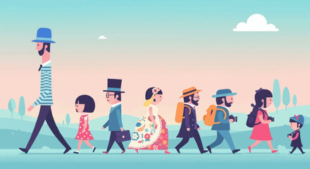 Diverse group of people walking together in a line, enjoying the day.