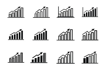 Black and White Growing Bar Chart Icons on White Background Collection