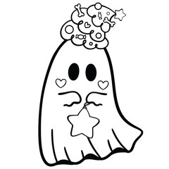 Ghost wearing Christmas tree hat holding star line art illustration 