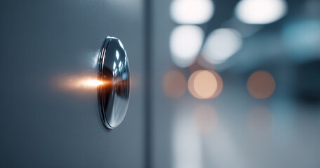 Close-up of a metallic elevator button illuminated with soft light and blurred background bokeh in a modern building interior