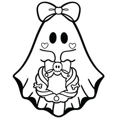 Adorable ghost with cute  bow holding spooky Christmas wreath line art illustration 