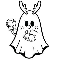 Reindeer ghost holding Christmas bells and lollipop spooky holiday line art illustration 