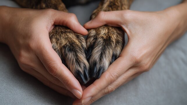 Heartwarming moment human hand holding dog paws indoor setting emotional connection