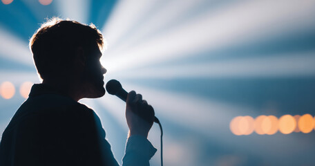 Silhouette of male singer holding microphone performing on stage with dramatic spotlight beams and blurred background lights