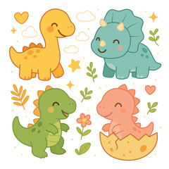 Naklejka premium Adorable set of four happy baby dinosaurs, perfect for kids' prints, t-shirts, nursery decor, party supplies, educational materials, designs. Cute dinosaurs collection, flat vector on white background