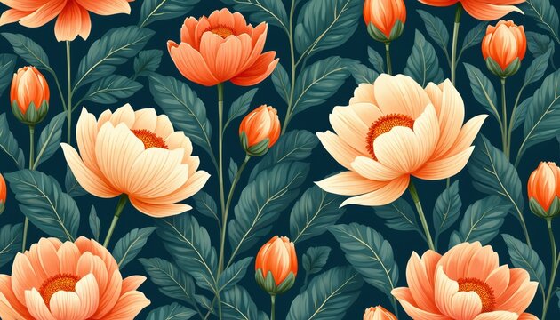 Seamless pattern with large, open peach and cream colored blossoms and buds against dark teal foliage. Art Nouveau style floral background with intricate botanical details and organic flow.