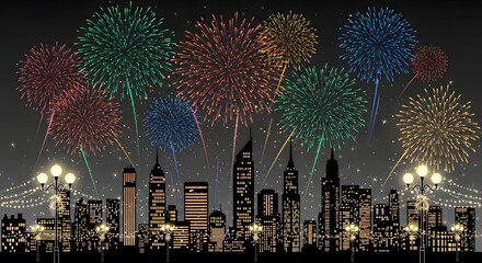 Obraz premium City skyline illuminated by vibrant fireworks celebrating a festive occasion