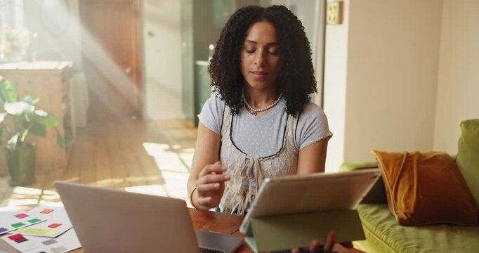 Laptop, review or woman with tablet for remote work, research or proofreading for story deadline. Final evaluation, tech or freelance editor with digital manuscript, grammar or spelling check in home