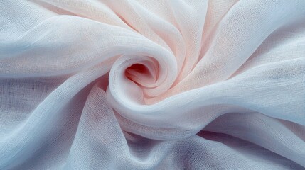 A close-up, abstract view of a light, sheer fabric with a pastel gradient from soft pink to pale blue. The material is artfully draped and swirled, creating gen