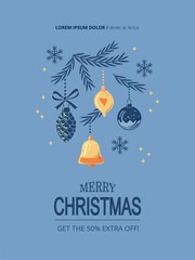 New Year and Christmas sale poster. Minimalist festive Christmas sales flyer. Trendy composition of hand-drawn flat Christmas tree branches and ornaments.