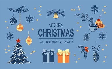Festive Christmas card featuring Christmas tree bauble and hand-painted holiday ornaments, pine cones, gifts, and bells. The Christmas tree and hand-drawn flat holiday elements