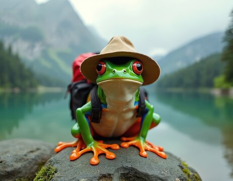 Cartoon frog on rock with backpack and sun hat enjoys hiking in nature. Green amphibian ready for adventure in travel. Wildlife character is happy on journey with mountain lake background landscape.