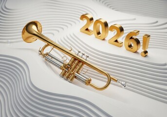 Golden trumpet and 2026 numbers, elegant and stylized, representing music and the new year, against a white wavy background