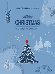 New Year and Christmas sale poster. The Christmas tree, distant forest and hand-drawn flat holiday elements