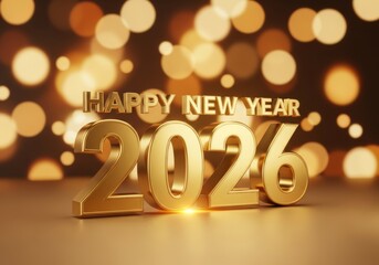Happy New Year 2026 golden numbers, elegant and celebratory, announcing the new year, against a blurred bokeh background