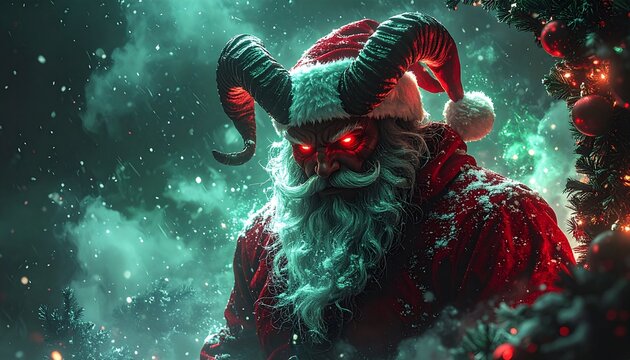 Demonic Santa with glowing red eyes and horns in dark mystical Christmas scene - Powered by Adobe