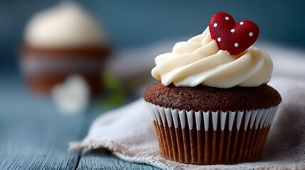 Chocolate cupcake with white swirling frosting and red polka dot heart topper on blue wooden background