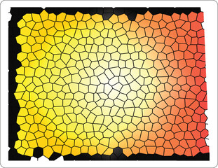 An abstract geometric texture featuring a vibrant gradient transition from bright yellow to warm orange. The design consists of irregular cellular shapes with bold black outlines in a Voronoi style.