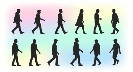 Silhouettes of walking people in various poses and attire, a diverse group.