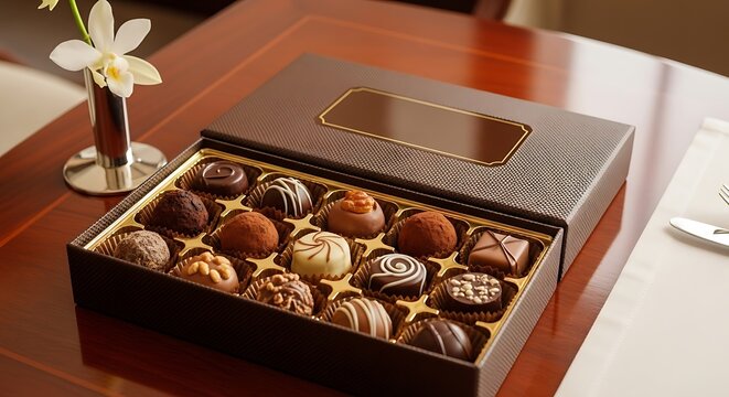 An open box of assorted gourmet chocolates and truffles, beautifully arranged on a polished wooden table, ideal for a gift