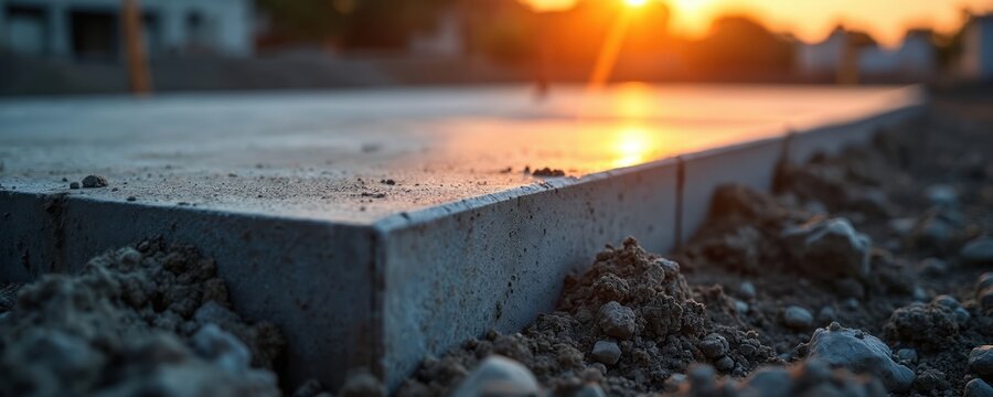 Concrete slab foundation close-up at construction site. Building progress shown during sunset. Groundwork and structural development. Rough unfinished surface detail. New infrastructure creation.
