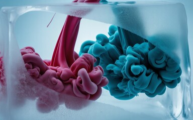 Vibrant pink and blue ink mixing in clear ice block