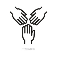Teamwork line icon. Human hands, palms symbol. Mutual help, cohesion, partnership, support, help, success concept. Black sign. Isolated on a white background. Editable stroke. Vector illustration.