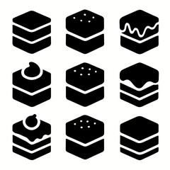 Set of nine black silhouette cake icons with toppings and layers
