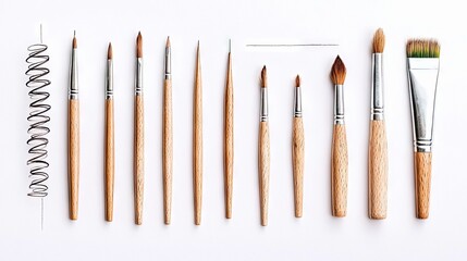 A collection of various art brushes with wooden handles are arranged on a clean white surface next to a spiral binding from a sketchbook. The lighting is bright