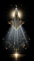An Art Deco style skyscraper silhouette with golden geometric accents, illuminated by dramatic light rays and sparkling bokeh particles against a dark backgroun