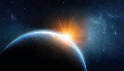 Obraz premium Alien Planet With Sun Light In Deep Space Dark Background Astronomy Celestial Body For Universe Cosmos Exploration Solar System Science Fiction Galaxy And Outer Space Travel Illustrations