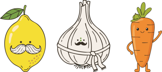 carrot, garlic, lemon character Illustration png, cartoonish character,  png