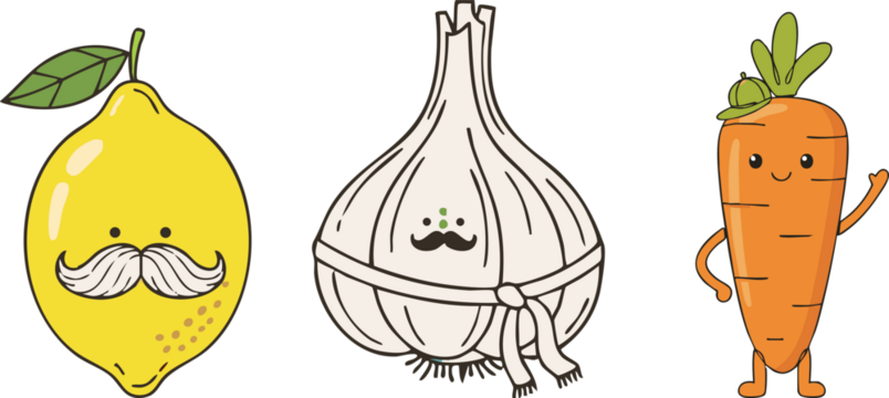 carrot, garlic, lemon character Illustration png, cartoonish character,  png