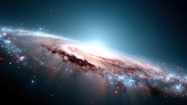 A vast, detailed spiral galaxy with a bright central core and swirling arms filled with stars and nebulae, set against the dark expanse of deep space. The light