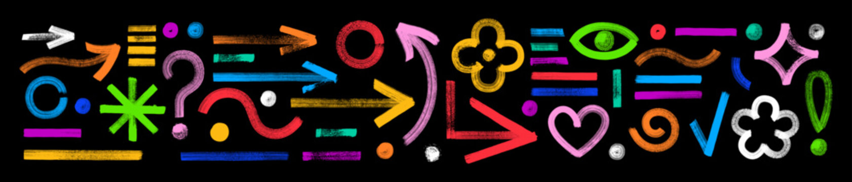 Abstract brush painted shapes. Straight and curvy vector brush strokes. Bright hand drawn arrows, waves, stripes, smears, exclamation mark, eye, heart and flower. Childish playful organic grunge icons
