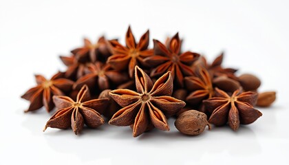 Pile of star anise pods and seeds. Close-up view of fragrant, brown, star-shaped spice arranged on white background. Healthy ingredient for cooking and drinks.