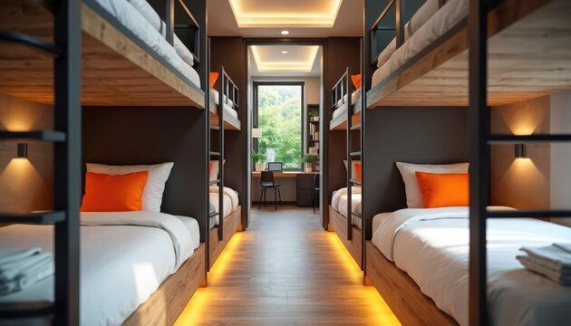 Hostel dormitory room interior with bunk beds orange pillows and cozy lights. A desk and a window provides natural light. Simple and modern communal living area with minimalist design.