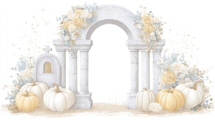 Architectural structure adorned with floral arrangements and pale gourds suggests a subtle seasonal celebration backdrop